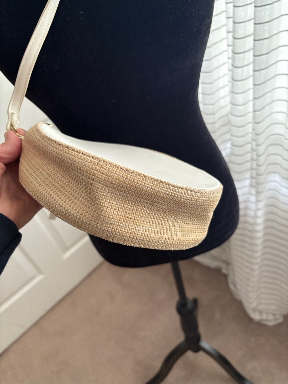 Round Woven Crossbody Bag in Cream and Tan - Picture 5 of 9